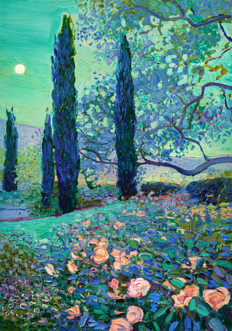 Moonlit Roses painting by Sergiu Ciochina, contemporary landscape artwork